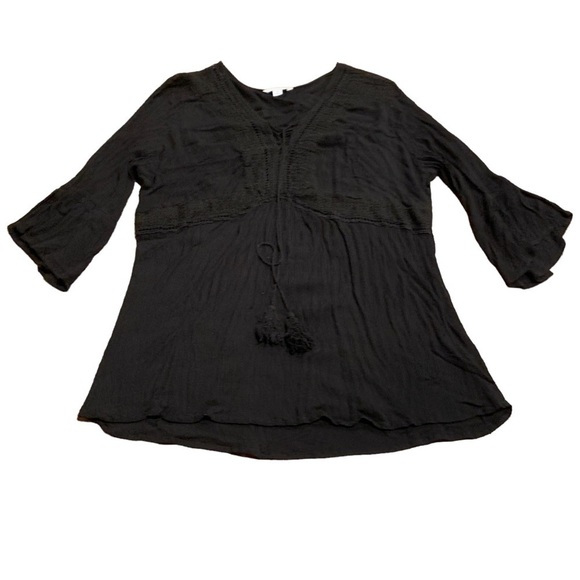 Boutique Women’s Black Plus Boho Blouse Crepe Tassels Lace Up Size 2X - Picture 1 of 9